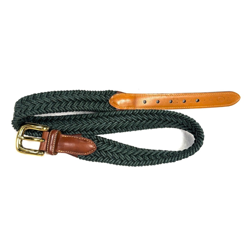 VTG Trafalgar Braided Belt Size 32 Green Leather Detail Brass Buckle USA Made